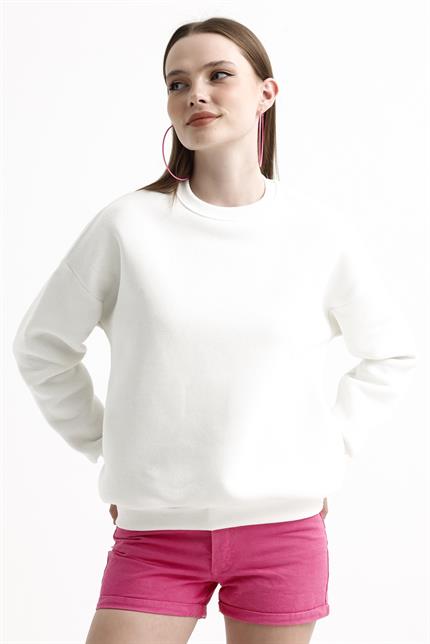 Bisiklet Yaka İçi Polarlı Basic Oversize Sweatshirt - Ekru