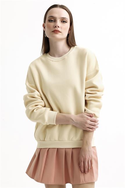 Bisiklet Yaka İçi Polarlı Basic Oversize Sweatshirt - Taş