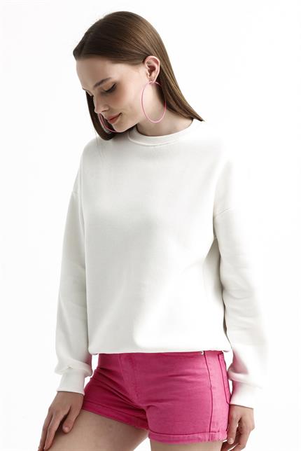 Bisiklet Yaka İçi Polarlı Basic Oversize Sweatshirt - Ekru