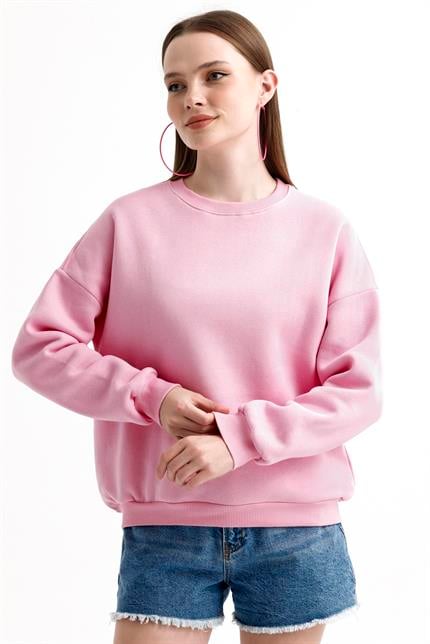 Bisiklet Yaka İçi Polarlı Basic Oversize Sweatshirt - Pembe