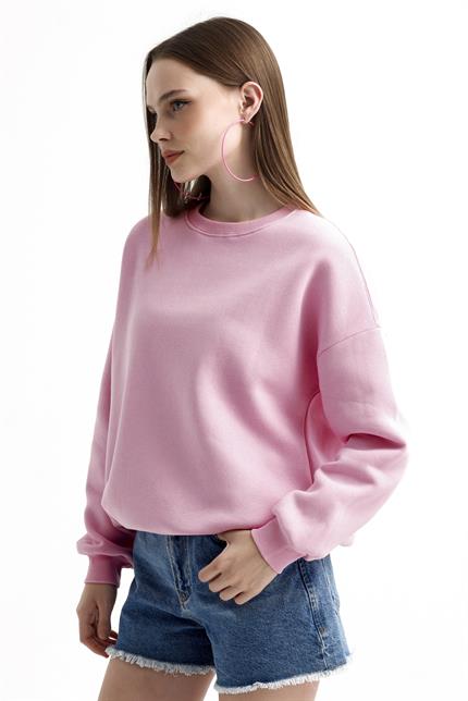Bisiklet Yaka İçi Polarlı Basic Oversize Sweatshirt - Pembe