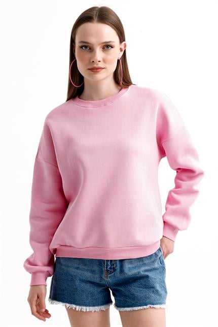 Bisiklet Yaka İçi Polarlı Basic Oversize Sweatshirt - Pembe