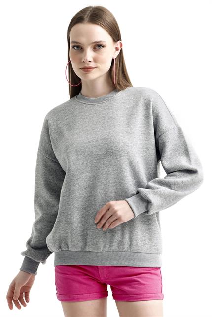 Bisiklet Yaka İçi Polarlı Basic Oversize Sweatshirt - Gri