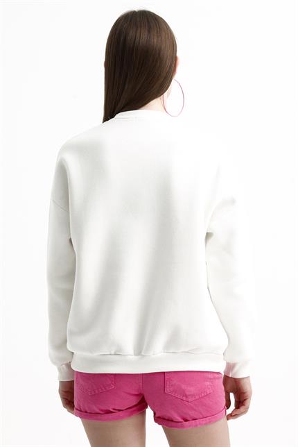 Bisiklet Yaka İçi Polarlı Basic Oversize Sweatshirt - Ekru