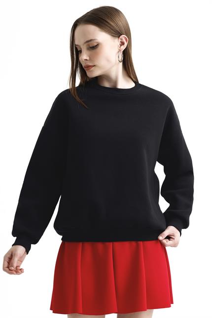 Bisiklet Yaka İçi Polarlı Basic Oversize Sweatshirt - Siyah