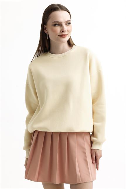 Bisiklet Yaka İçi Polarlı Basic Oversize Sweatshirt - Taş