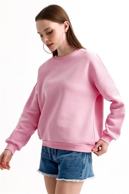 Bisiklet Yaka İçi Polarlı Basic Oversize Sweatshirt - Pembe