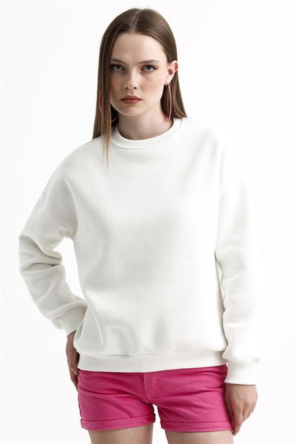 Bisiklet Yaka İçi Polarlı Basic Oversize Sweatshirt - Ekru