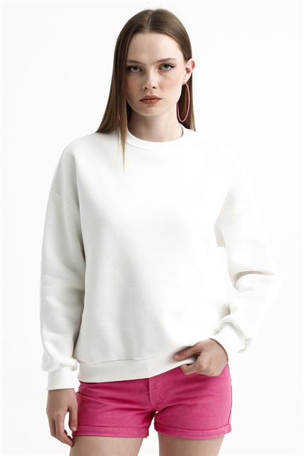 Bisiklet Yaka İçi Polarlı Basic Oversize Sweatshirt - Ekru