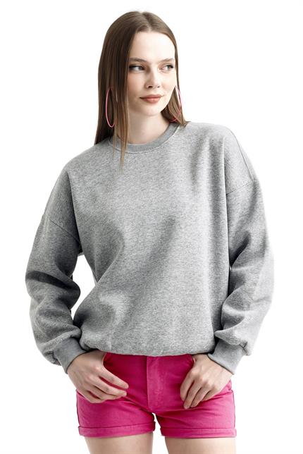 Bisiklet Yaka İçi Polarlı Basic Oversize Sweatshirt - Gri