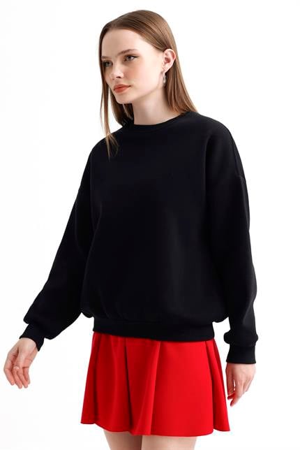 Bisiklet Yaka İçi Polarlı Basic Oversize Sweatshirt - Siyah