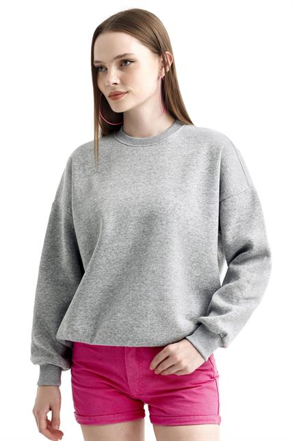 Bisiklet Yaka İçi Polarlı Basic Oversize Sweatshirt - Gri