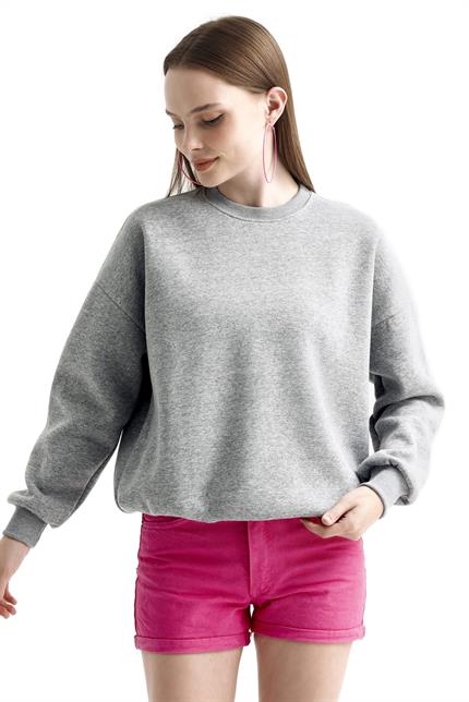 Bisiklet Yaka İçi Polarlı Basic Oversize Sweatshirt - Gri