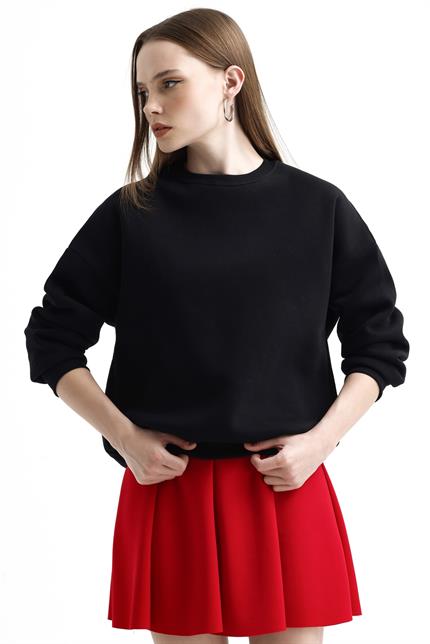 Bisiklet Yaka İçi Polarlı Basic Oversize Sweatshirt - Siyah