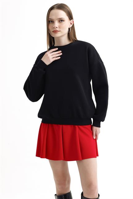 Bisiklet Yaka İçi Polarlı Basic Oversize Sweatshirt - Siyah
