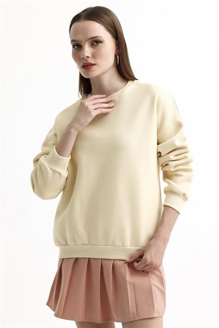 Bisiklet Yaka İçi Polarlı Basic Oversize Sweatshirt - Taş