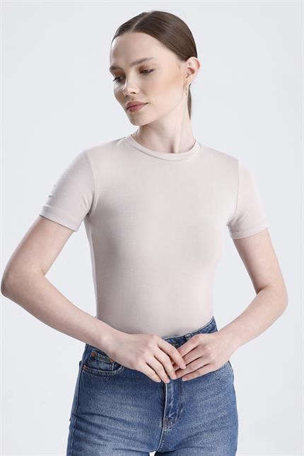 Bisiklet Yaka Kısa Kollu Modal Body - Bej