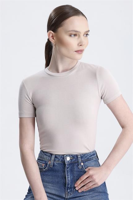 Bisiklet Yaka Kısa Kollu Modal Body - Bej