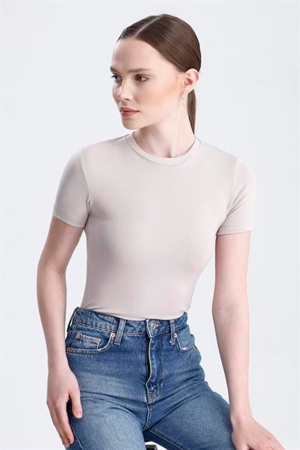 Bisiklet Yaka Kısa Kollu Modal Body - Bej