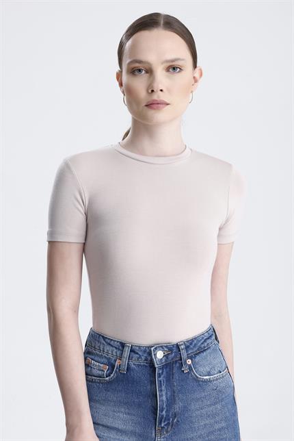 Bisiklet Yaka Kısa Kollu Modal Body - Bej