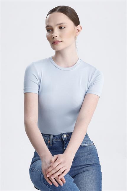 Bisiklet Yaka Kısa Kollu Modal Body - Buz Mavi