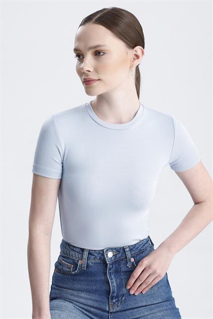 Bisiklet Yaka Kısa Kollu Modal Body - Buz Mavi