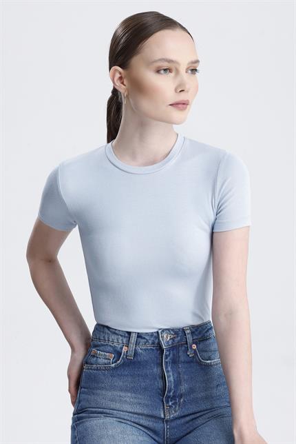 Bisiklet Yaka Kısa Kollu Modal Body - Buz Mavi