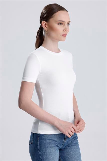 Bisiklet Yaka Kısa Kollu Modal Body - Ekru