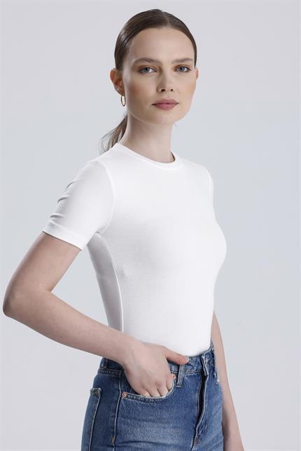 Bisiklet Yaka Kısa Kollu Modal Body - Ekru