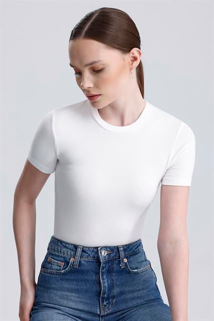 Bisiklet Yaka Kısa Kollu Modal Body - Ekru