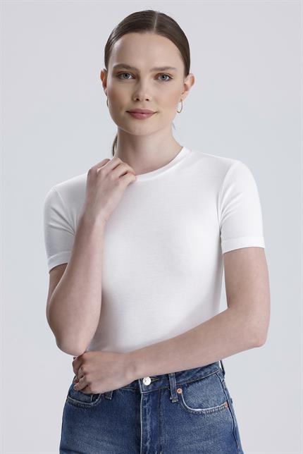 Bisiklet Yaka Kısa Kollu Modal Body - Ekru