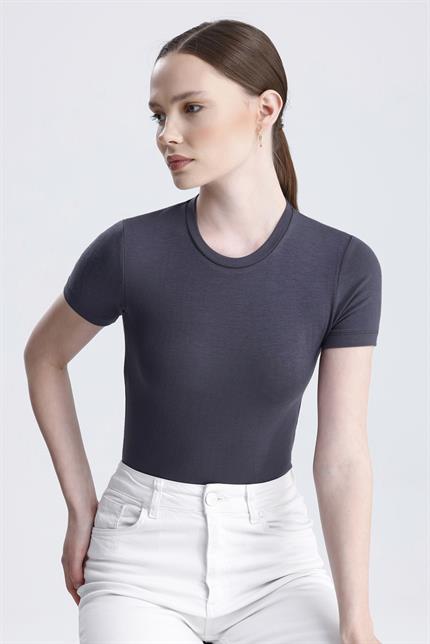 Bisiklet Yaka Kısa Kollu Modal Body - Füme