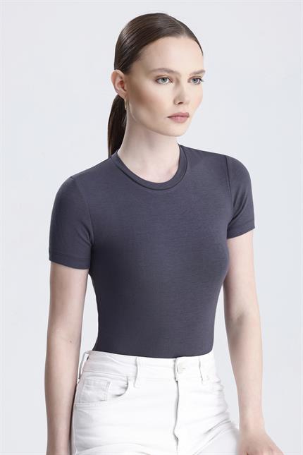 Bisiklet Yaka Kısa Kollu Modal Body - Füme