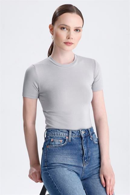 Bisiklet Yaka Kısa Kollu Modal Body - Gri