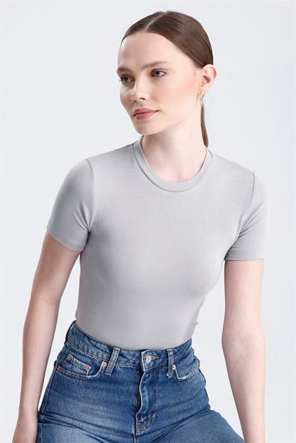 Bisiklet Yaka Kısa Kollu Modal Body - Gri