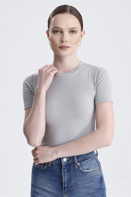 Bisiklet Yaka Kısa Kollu Modal Body - Gri