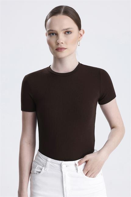 Bisiklet Yaka Kısa Kollu Modal Body - Kahve