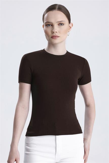 Bisiklet Yaka Kısa Kollu Modal Body - Kahve