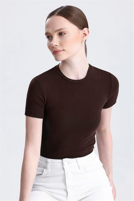 Bisiklet Yaka Kısa Kollu Modal Body - Kahve