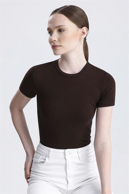 Bisiklet Yaka Kısa Kollu Modal Body - Kahve