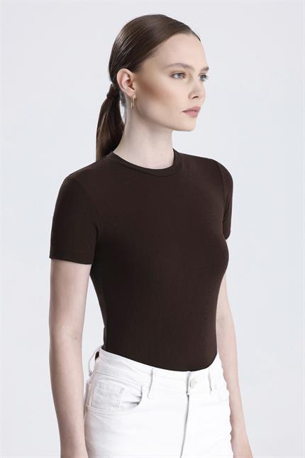 Bisiklet Yaka Kısa Kollu Modal Body - Kahve