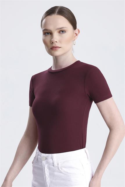 Bisiklet Yaka Kısa Kollu Modal Body - Koyu Bordo