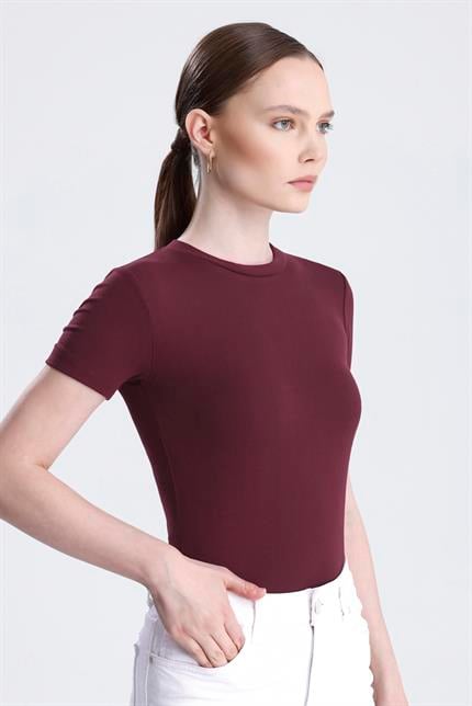Bisiklet Yaka Kısa Kollu Modal Body - Koyu Bordo