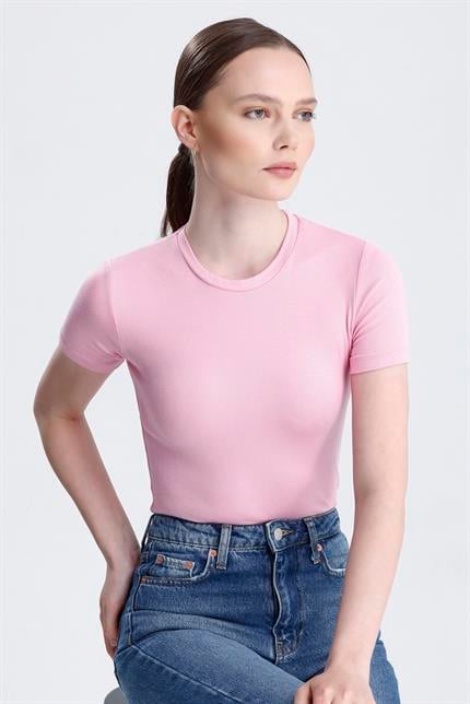 Bisiklet Yaka Kısa Kollu Modal Body - Pembe