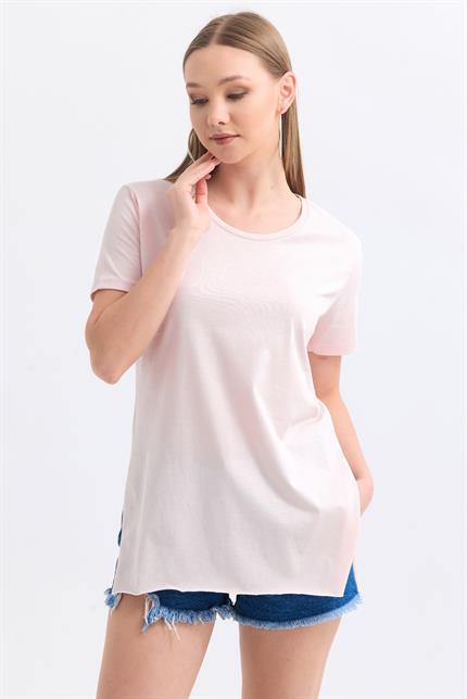 Bisiklet Yaka Yan Yırtmaçlı Basic Tişört - Pudra