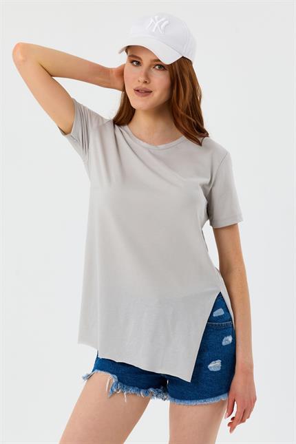 Bisiklet Yaka Yan Yırtmaçlı Basic Tişört - Gri