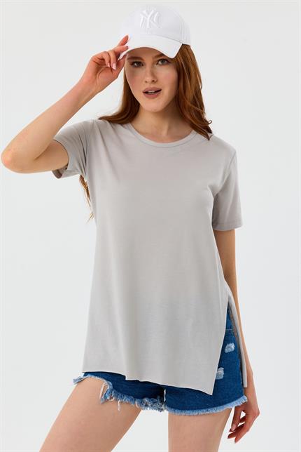 Bisiklet Yaka Yan Yırtmaçlı Basic Tişört - Gri