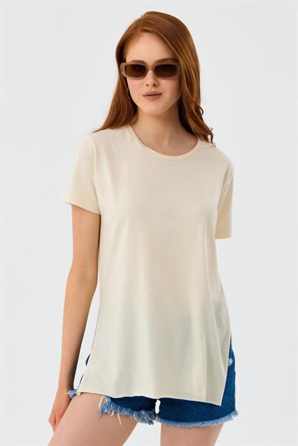 Bisiklet Yaka Yan Yırtmaçlı Basic Tişört - Taş