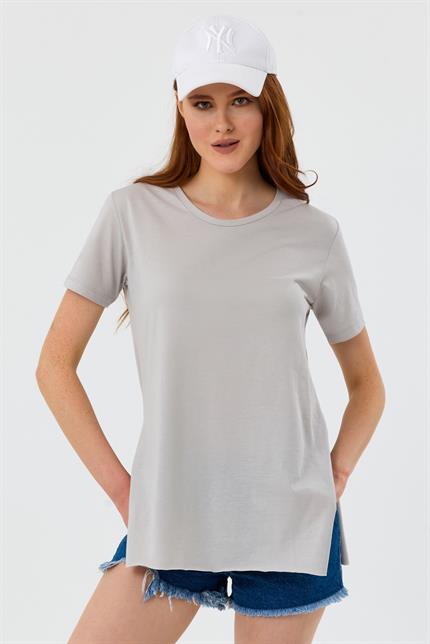 Bisiklet Yaka Yan Yırtmaçlı Basic Tişört - Gri