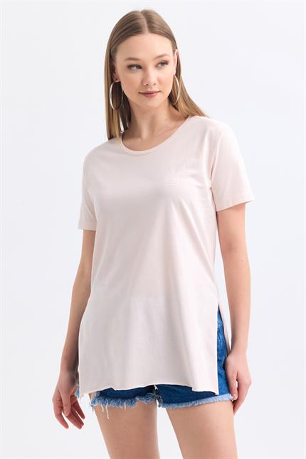 Bisiklet Yaka Yan Yırtmaçlı Basic Tişört - Pudra